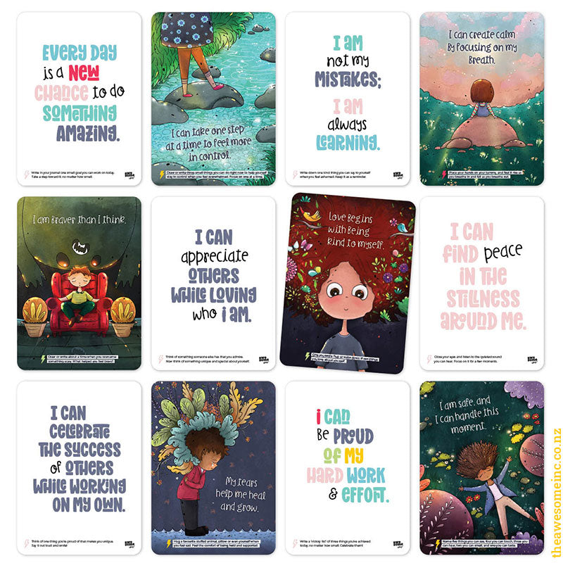 Nine Affirmations & Actions cards laid out in a grid