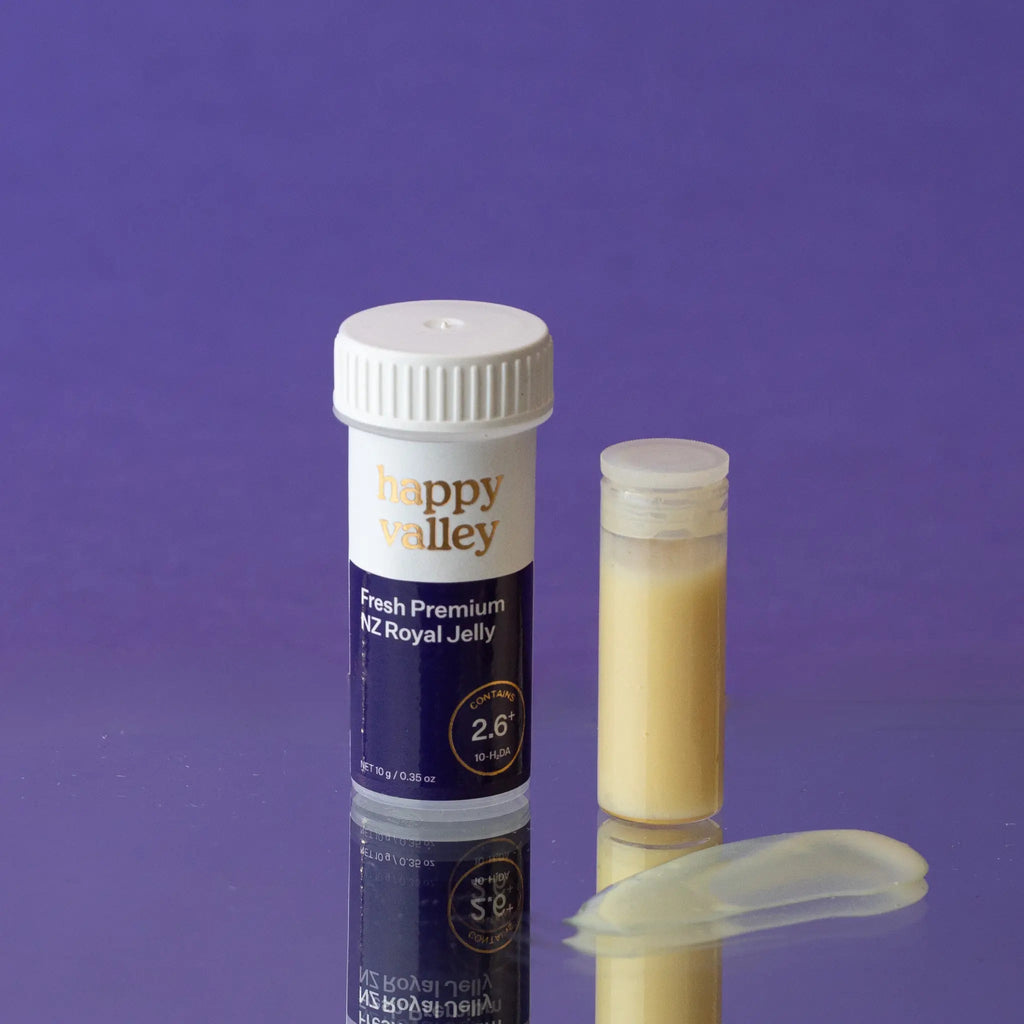 Happy Valley NZ Fresh Royal Jelly container with a vial of royal jelly
