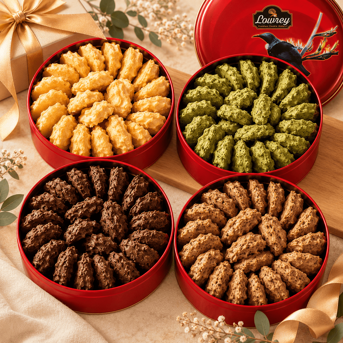 Four open Lowrey tins of Original, Matcha, Chocolate and Coffee butter cookies