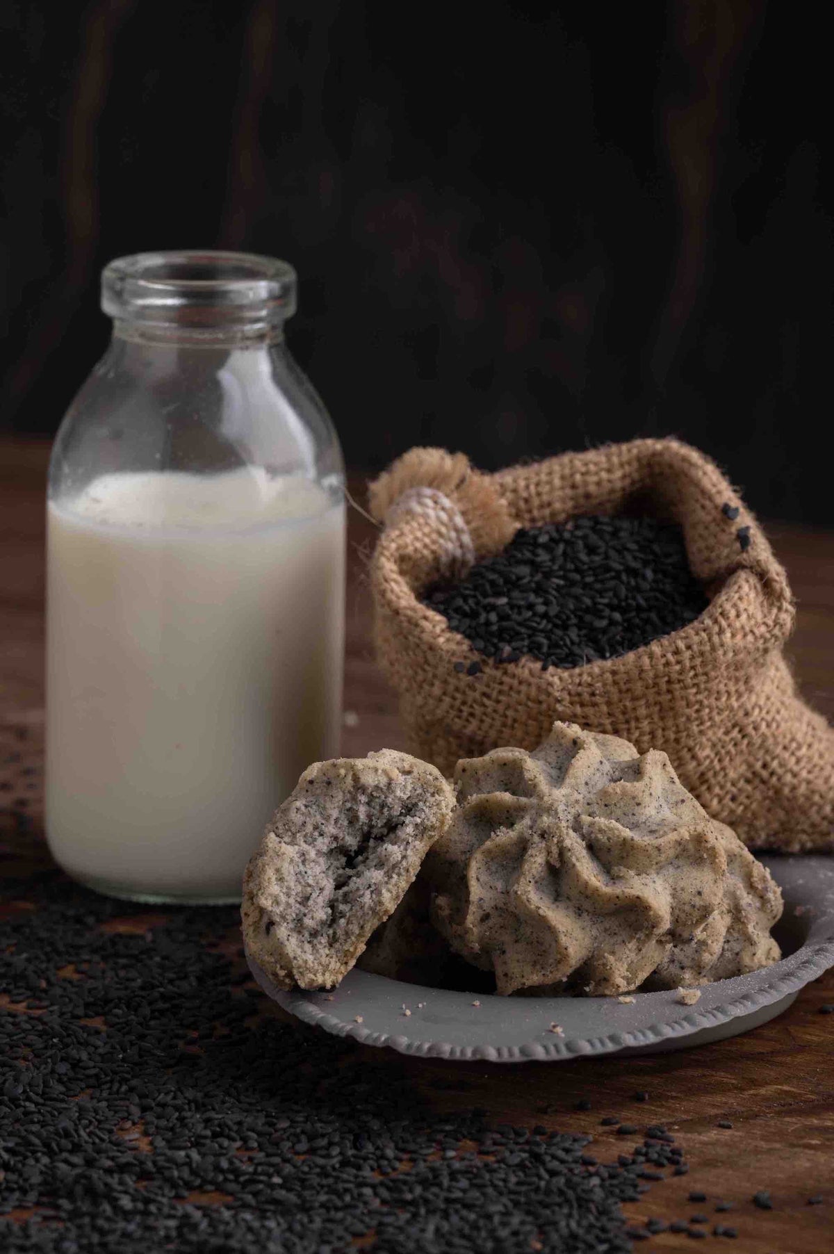 Lowrey Black Sesame butter cookie with a bottle of milk