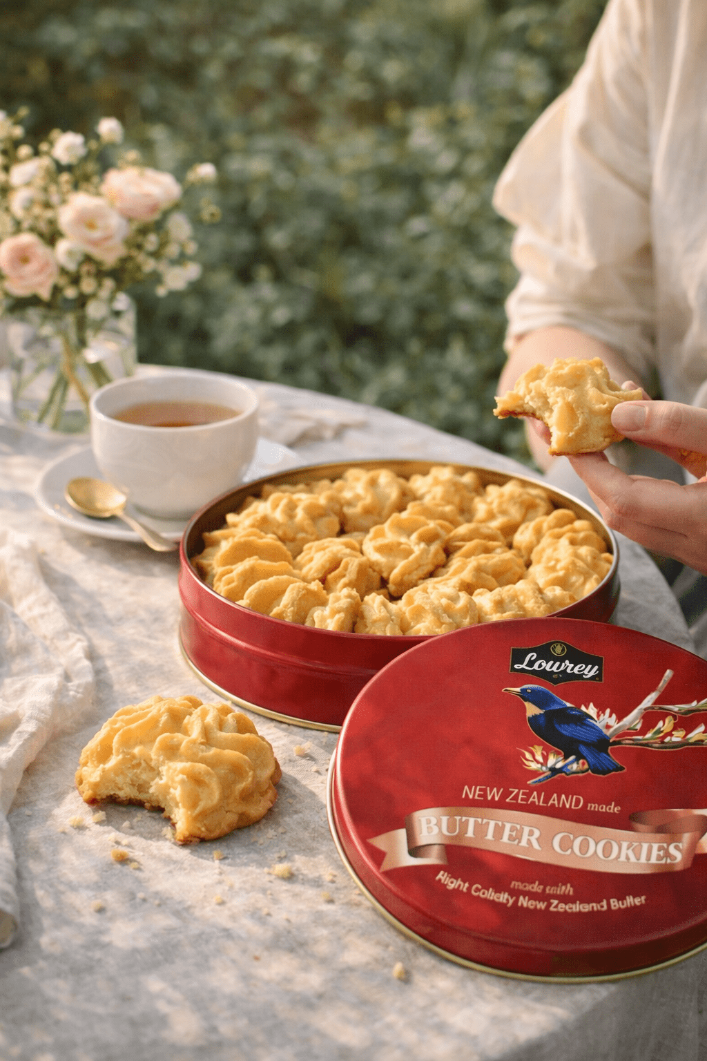 Lowrey Original butter cookie tins on a table with flowers