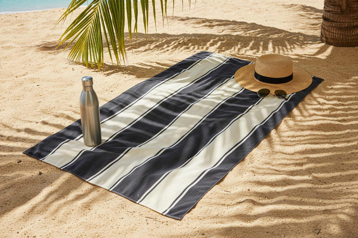 Navy and white striped Frankly Cotton beach towel on the sand with a sun hat and bottle