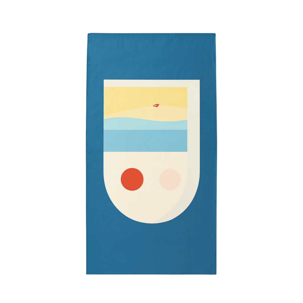 Blue Frankly Cotton lightweight towel with an abstract beach print, laid flat