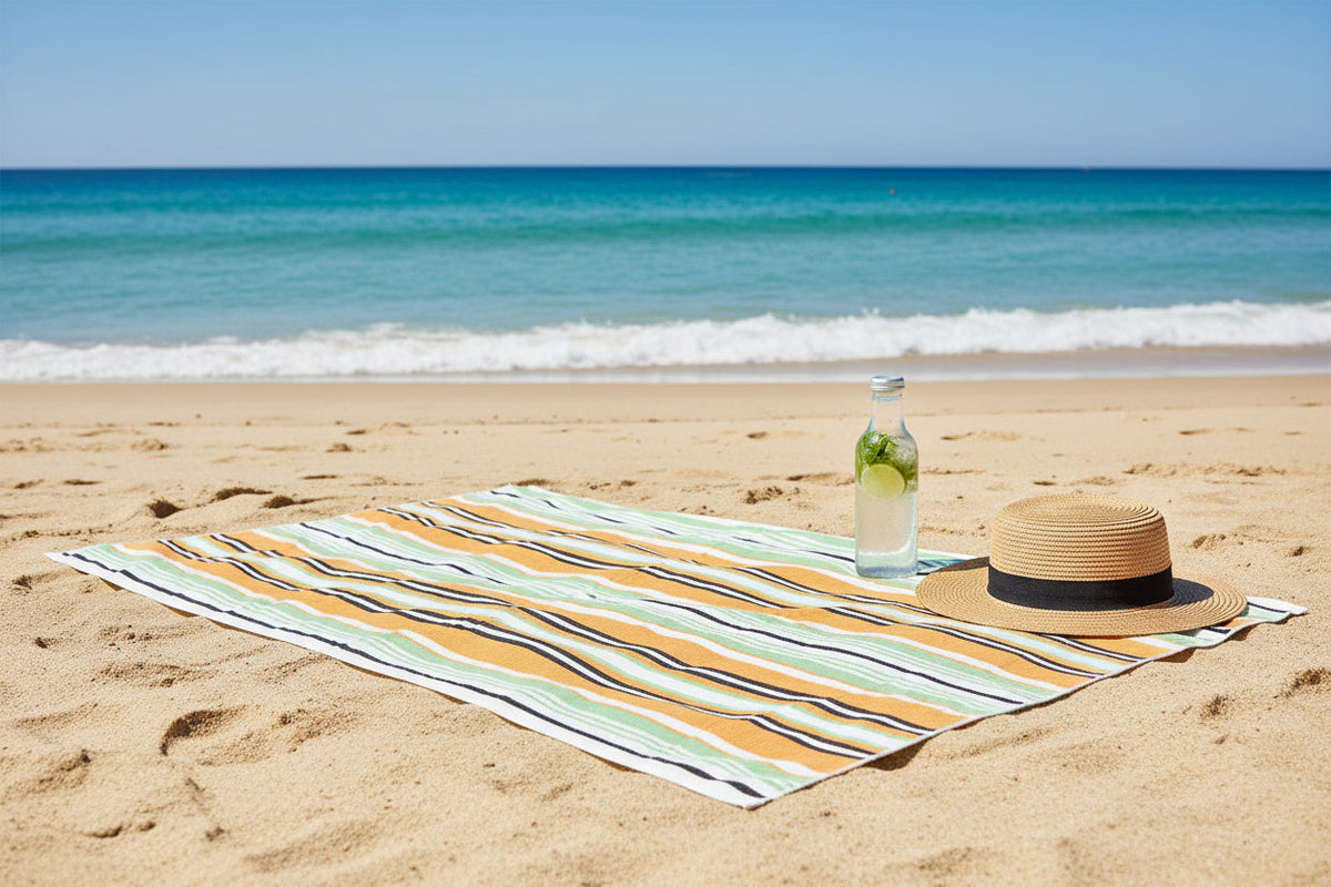Multi-coloured striped Frankly Cotton beach towel on the beach with a sun hat and bottle