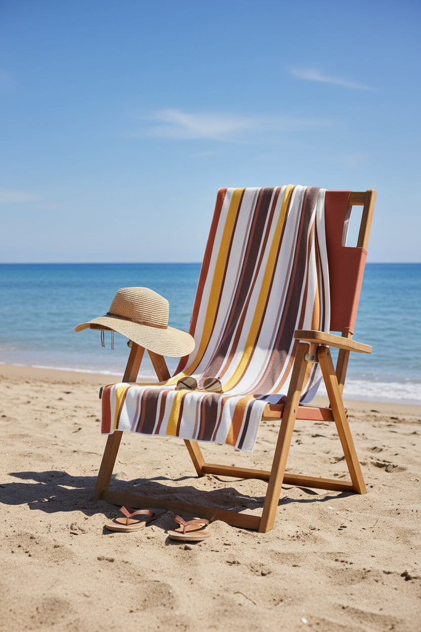 Striped Frankly Cotton beach towel over a beach chair