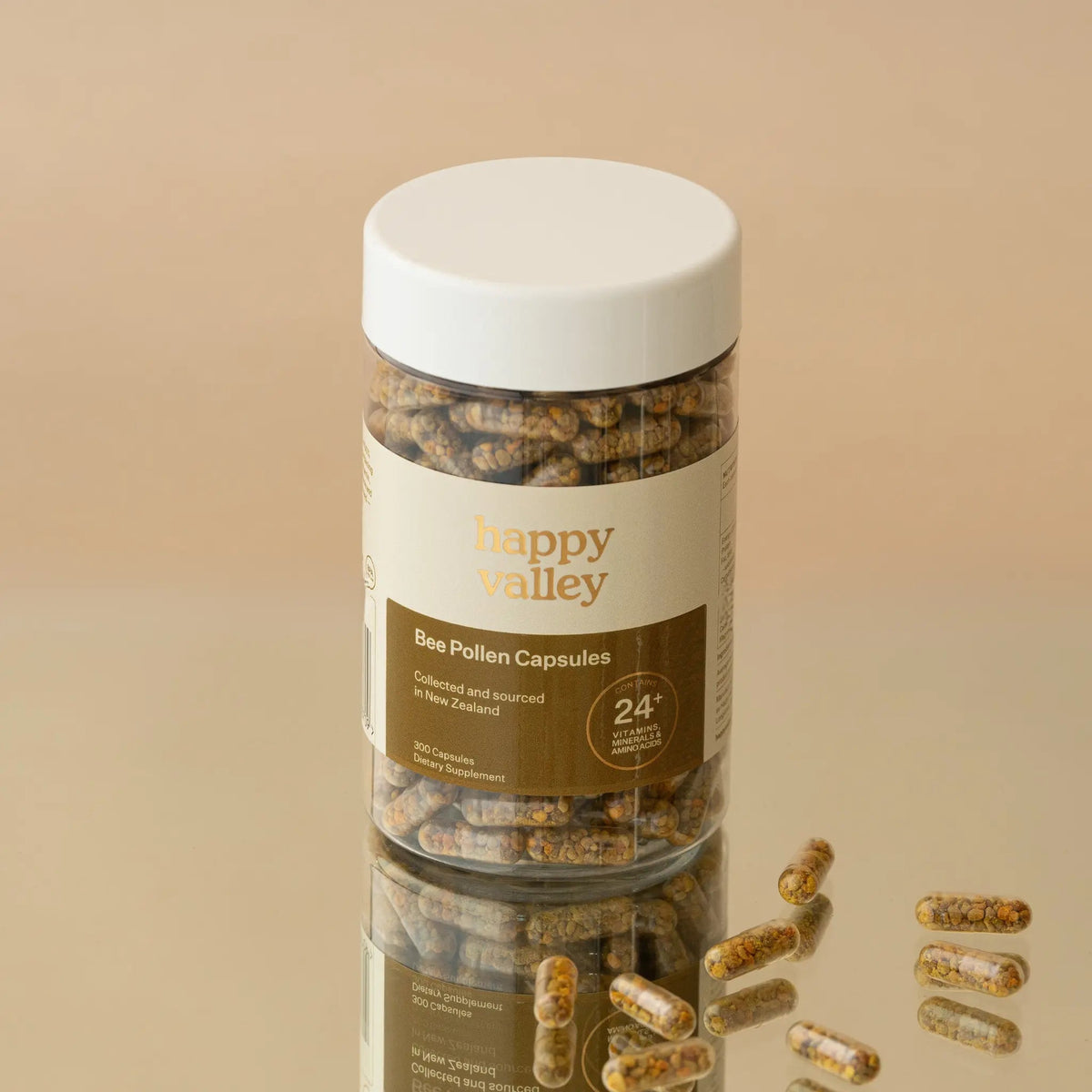 Happy Valley Bee Pollen Capsules jar with loose capsules