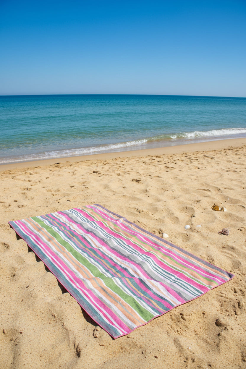 Pink and green striped Frankly Cotton beach towel on the sand by the sea